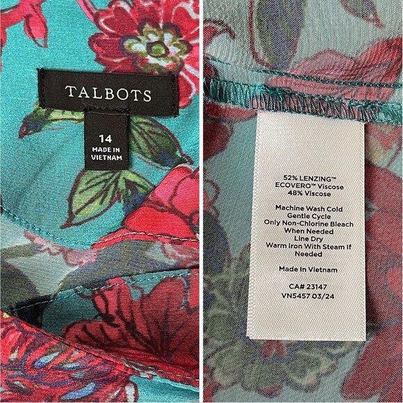 Talbots Midi Dress 14 Floral Jewel Tone Teal Red Faux Wrap Side Tie Long Sleeve - Picture 16 of 16